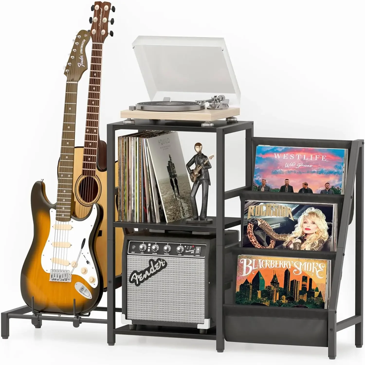 Soporte para Tocadiscos de Estilo Moderno de Mediados de Siglo, Soporte para Guitarra Acústica, Eléctrica y Bajo con Soporte para Amplificador, Soporte para Discos de Vinilo de 3 Niveles