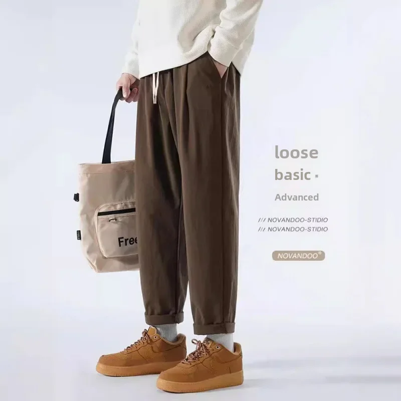 Brown Coffee Color Men's Casual Pants Summer Thin Style Trendy Brand Loose Fit Wide Leg Cropped Pants Japanese Vintage City Boy