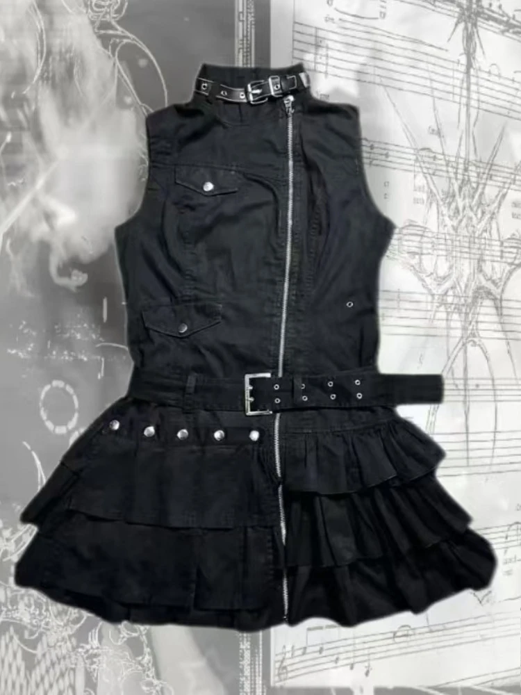 

Japanese Retro Slim Dress Fashion Y2k Streetwear Sleeveless Stand Collar Dresses Gothic Harajuku Design Zipper Clothes 2025 New