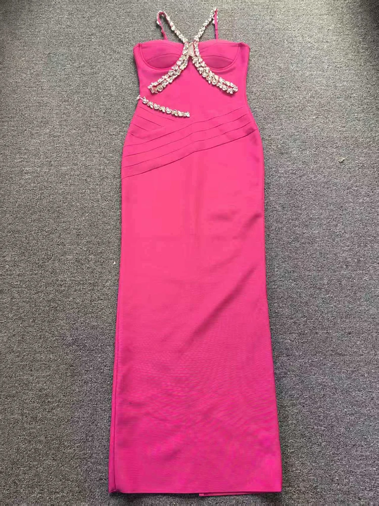 Sexy Neckholder Cut-out Diamanten Verbandkleid Frauen Rose Rot Ärmellos Rückenfrei Kristall Bodycon Lange Kleider Abendparty