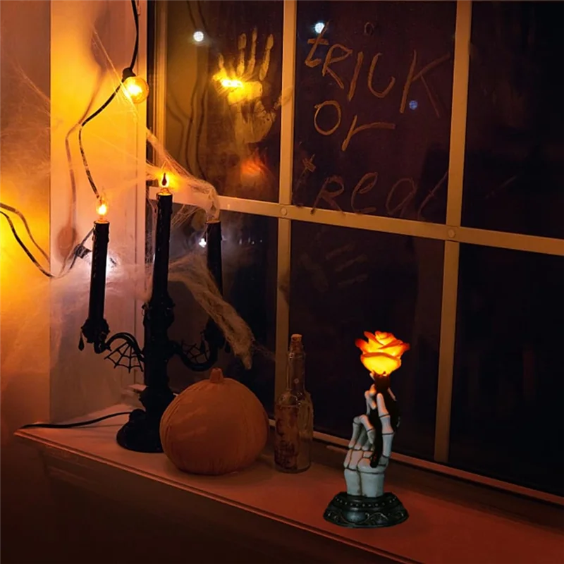 

Goth Valentine's Gift Lighted Gothic Halloween Hand Holding Rose Decoration For Day Of The Dead