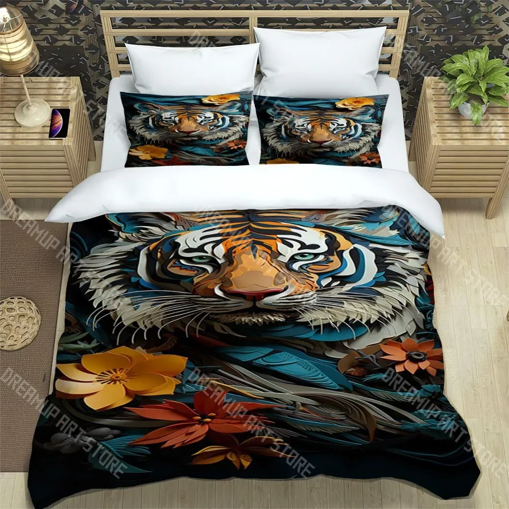 2026 Tiger Tattoo Fashion Trendy Print Three-piece Set Suitable For Kids Or Adults Quilt Cover Pillowcase Bedding Set Birthday G
