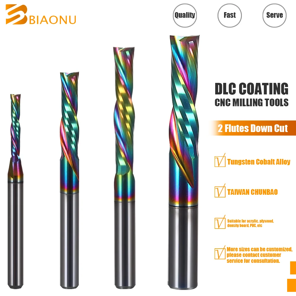 Biaonu 1pc 3.175/4/5/6mm 2 Flutes Down Cut Spiral End Mill DLC Coated Carbide Wood Tools Engraving Router Bit CNC Milling Cutter