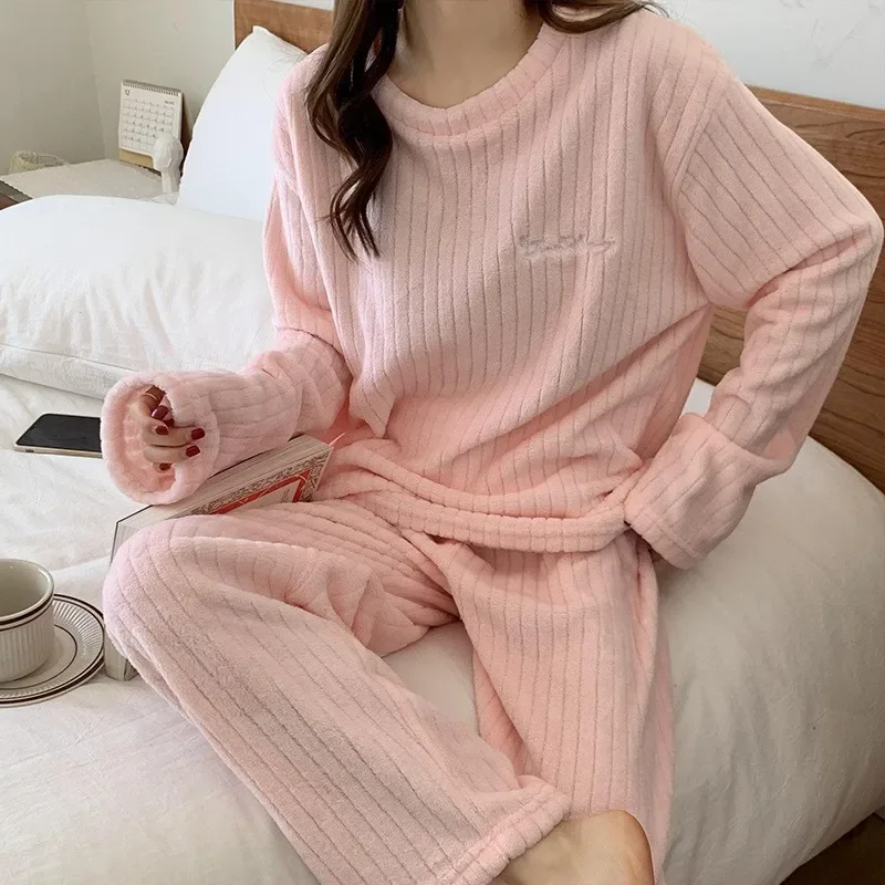 2023 Autumn Winter Women Solid Pyjamas 2 Piece Sets Thicken Velvet Ribbed Fleece Set Pullover And Pants Female Pajamas Suit