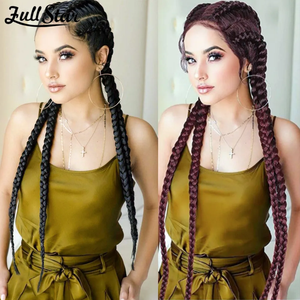 Full Star Synthetic Lace Front Braided Hair Wig With 4 Strands Dutch Braids 36 Inch Cornrow Braids Wigs With Baby Hair For Women