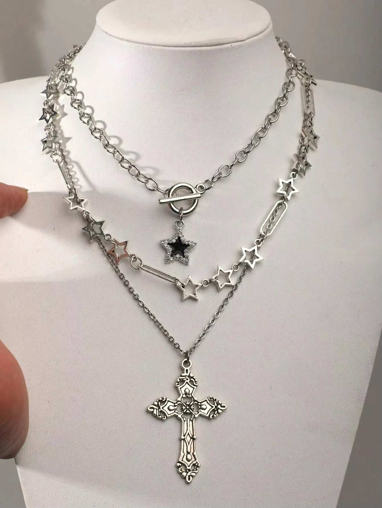 Multi-Layer Choker Necklace Set Vintage Gothic Punk Style Rhinestone Star Meteor Necklace, Rhinestone Cross Necklace Y2K
