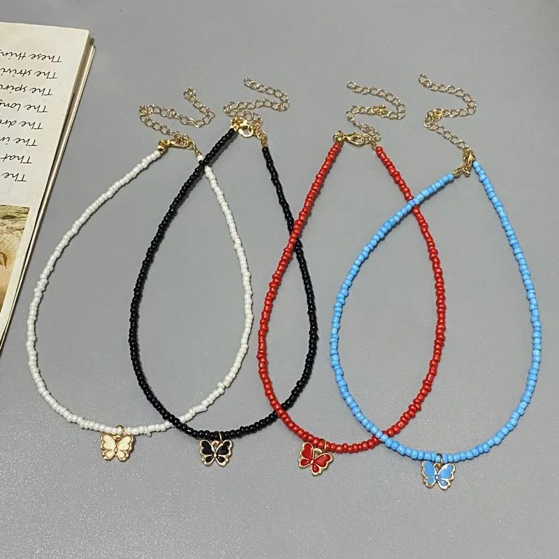 Korean Fashion Small Butterfly Pendnat Necklace for Women Girl Colorful Seed Beads Choker Necklace for Spring Summer Neck Jewelr