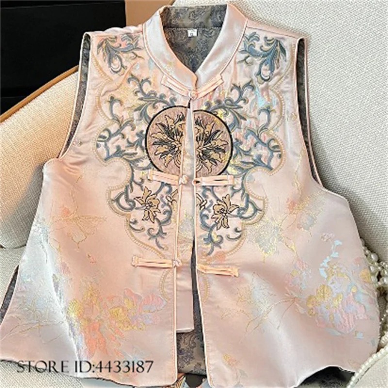 

New Chinese Style Womens Tang Clothes Top Retro Qipao Vest Coat Summer Sexy Sleeveless Jacket Outwear Embroidery Hanfu Waistcoat