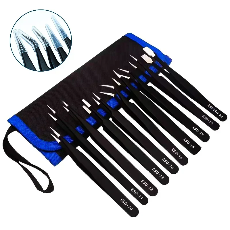 ESD Anti-Static Stainless Steel Tweezers Precision Maintenance Industrial Repair Curved Tool Home Working Model Making Hand Tool