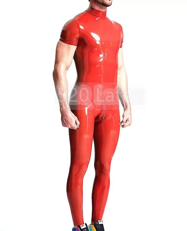 

Handmade Men Natural Red Latex Catsuit with 3D Crotch Rubber Male Bodysuit Gummi Short Sleeve Jumpsuit Halloween Cosplay Wear