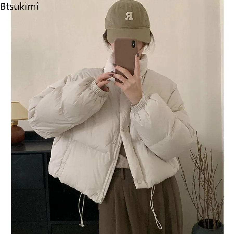 Women Stand-up Collar Short Style Cotton-padded Jacket Autumn Winter Solid Warm Top Female Zipper Long Sleeves Loose Bread Coat