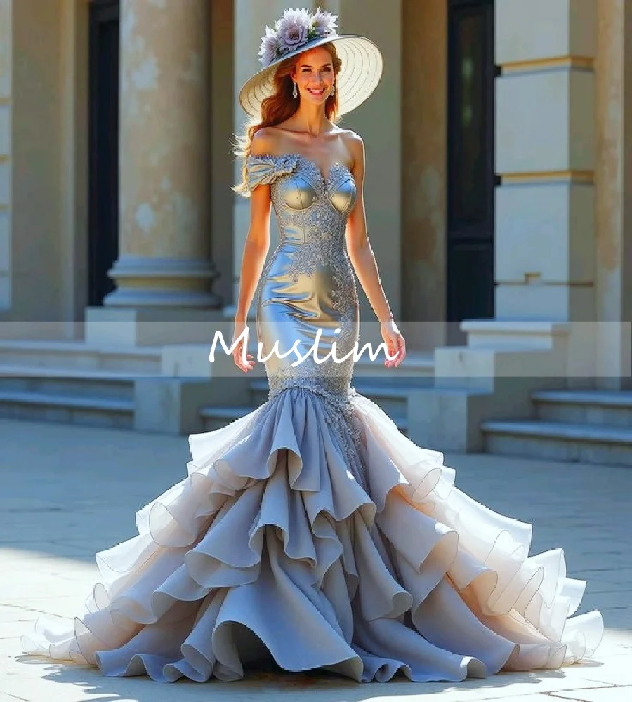 

Gorgoeus Gray Mermaid Prom Dress With Tiered Bottom Elegant Applique Lace Evening Dress Medieval Gothic Formal Party Customized