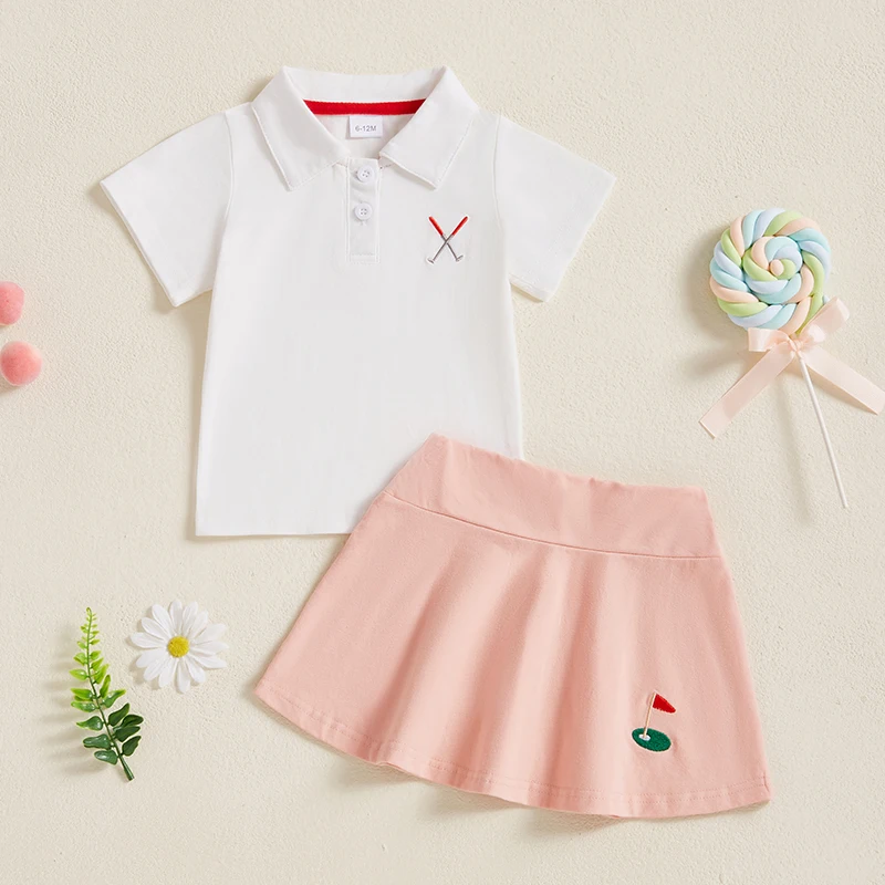 Toddler Baby Girl Golf Outfit Summer Golf Club Embroidery Short Sleeve Shirt Mini Skirt 2Pcs Infant Clothes Set