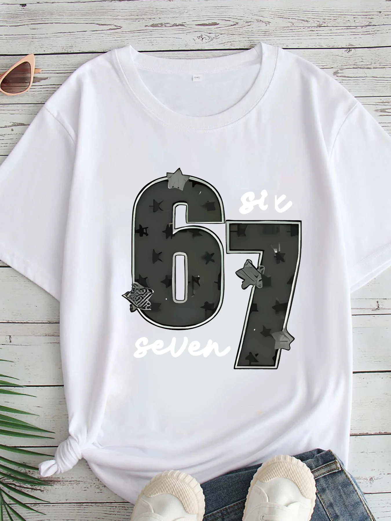 

Женская футболка большого размера с принтом, круглым вырезом и короткими рукавами, размеры 1-7XL, удобный повседневный топ в европейском стиле