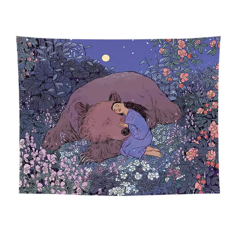 VIKAMA Retro Flower Girl and Lion Art Tapestry, HD Wear-Resistant Background Cloth for Elegant Living Room Decor