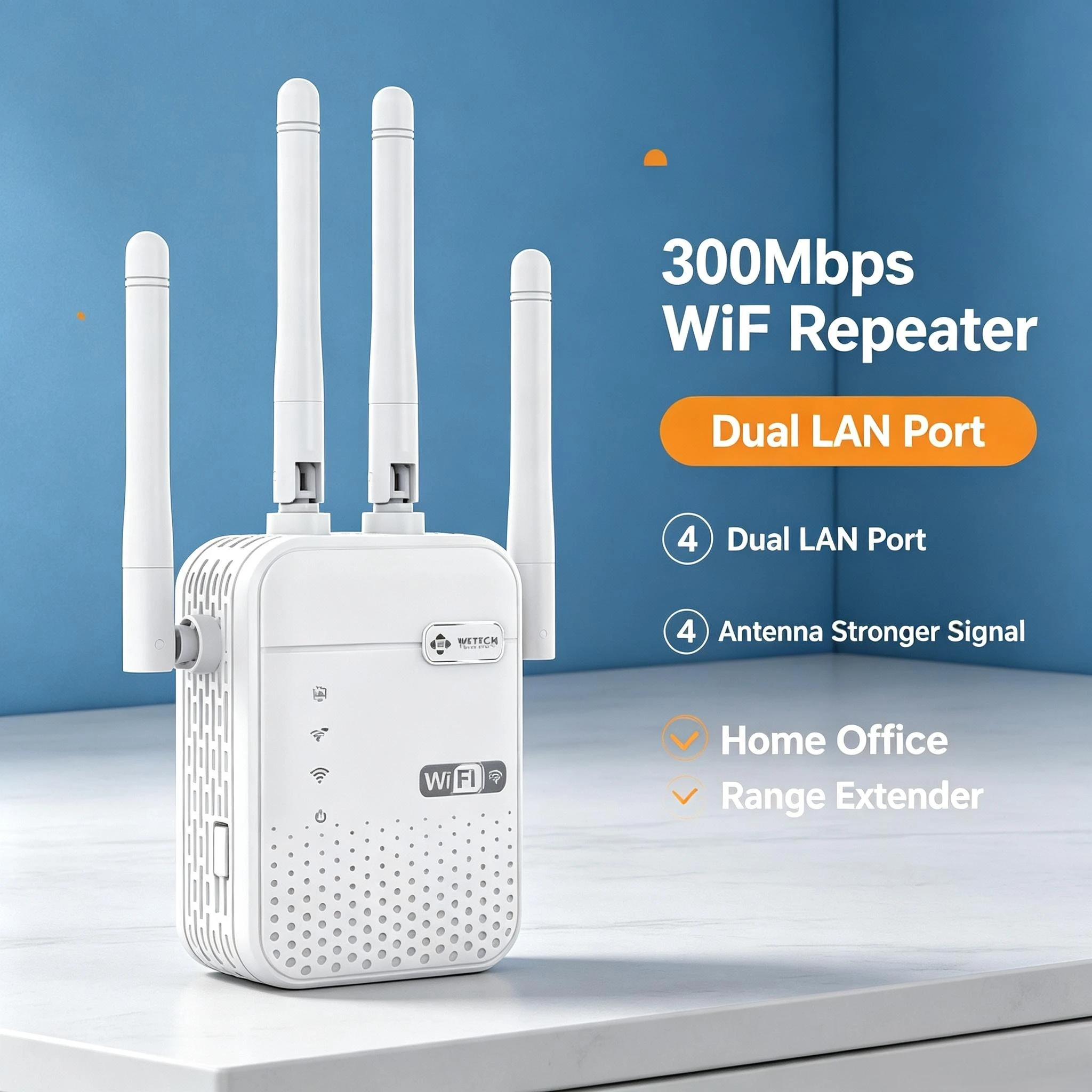 Ripetitore WiFi 300 Mbps, amplificatore di segnale wireless con 4 antenne e 2 porte LAN, configurazione rapida tramite WPS, ideale per migliorare il segnale WiFi in ambienti domestici.