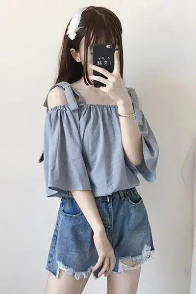 

New Women's School Loose Striped One-length Neck Shirt Off-shoulder Short-sleeved Top