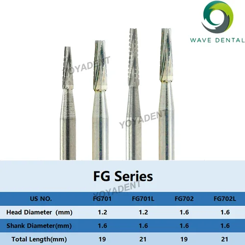 Fresas dentales WAVE, fresas de carburo de tungsteno, cabezal cónico de fisura FG 701 701L 702 702L 703, ajuste de pieza de mano de alta velocidad, taladro de odontología