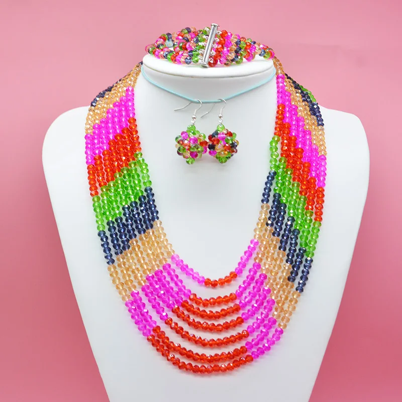 Colourful Nigerian Party Beads Jewelry Set African Crystal Wedding Gift Set Bridesmaid Jewelry