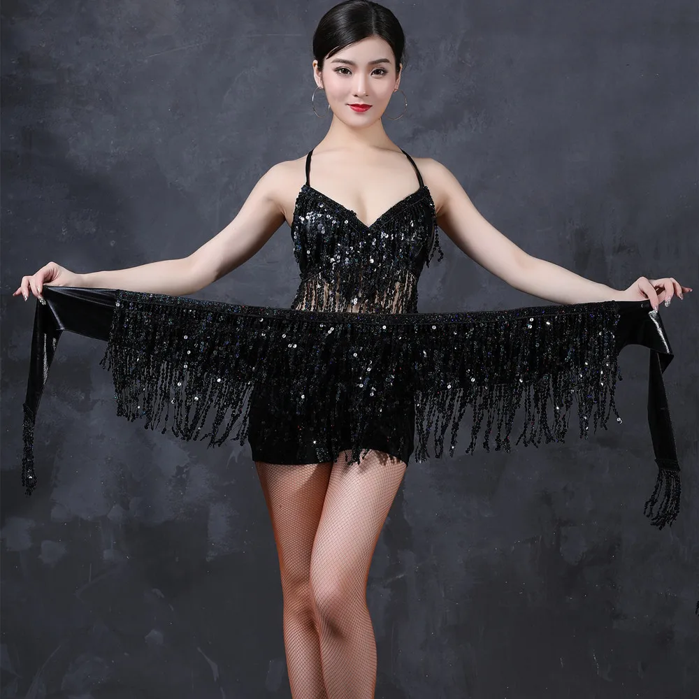 Women Belly Dance Latin Sequin Halter Top Bra Belt Hip Skirt Set Sexy Party Costume Tassel Temptation Stage Performance Dress