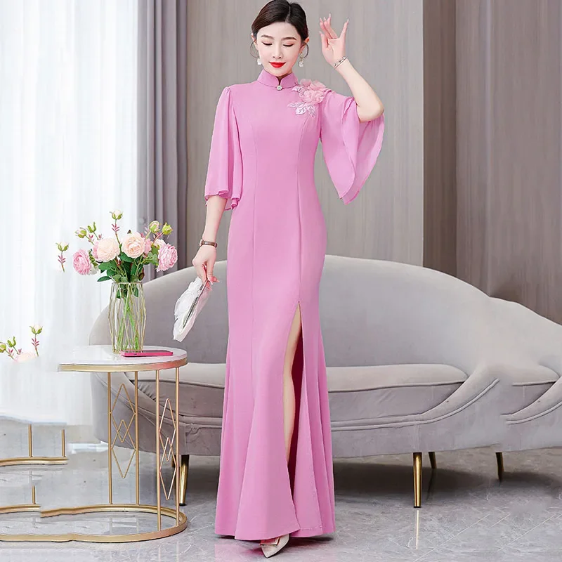 

2024 Qipao Chinese Traditional Dress for Women New Summer trumpet sleeve Vintage Improved Cheongsams Oriental Party Dresses lady