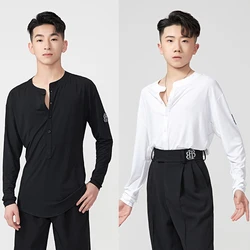 2024 Latin Dance Tops Round Neck Black White T Shirt Adult Male Latin Ballroom Dance Clothes Rumba Cha Cha Practice Wear BL13069