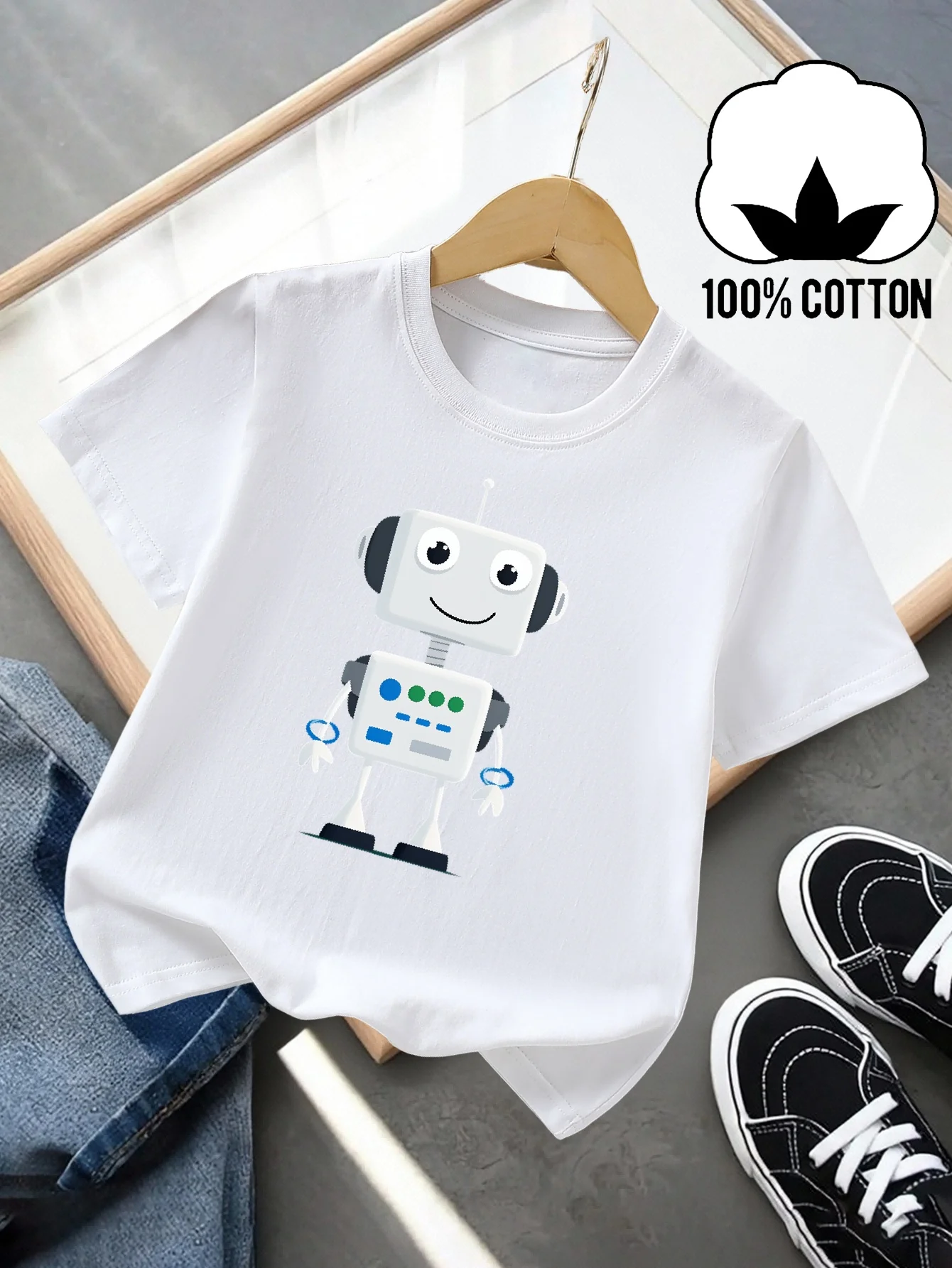 Children's T-shirt Robot Friendly Smiling Face Print Summer Comfortable Children's Clothing Fashion Fun Parent-child Outfit