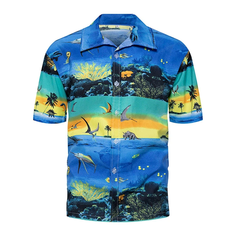 Oversized Summer Men\'s Short Sleeve Hawaiian Shirt Open Collar Single Button Plant Flower Print Fashion Beach Top Shirts Clothes