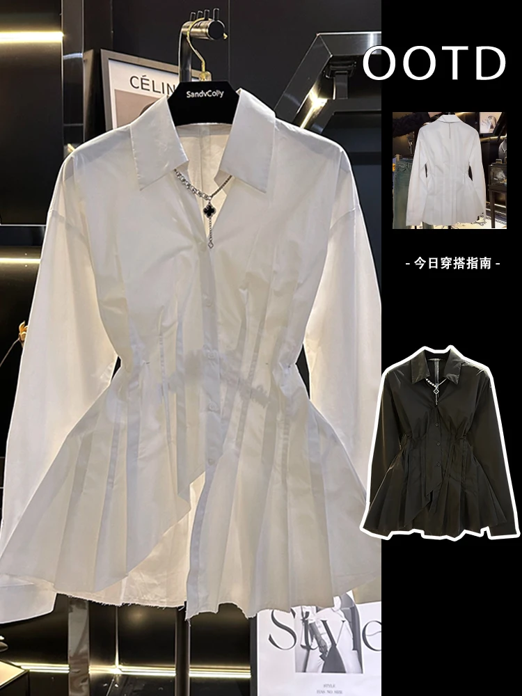 Spring White Shirt Women Clothing Folded Waist Sliming V-neck Irregular Fishtail Design Temperament Long Sleeve Blouse Women Top