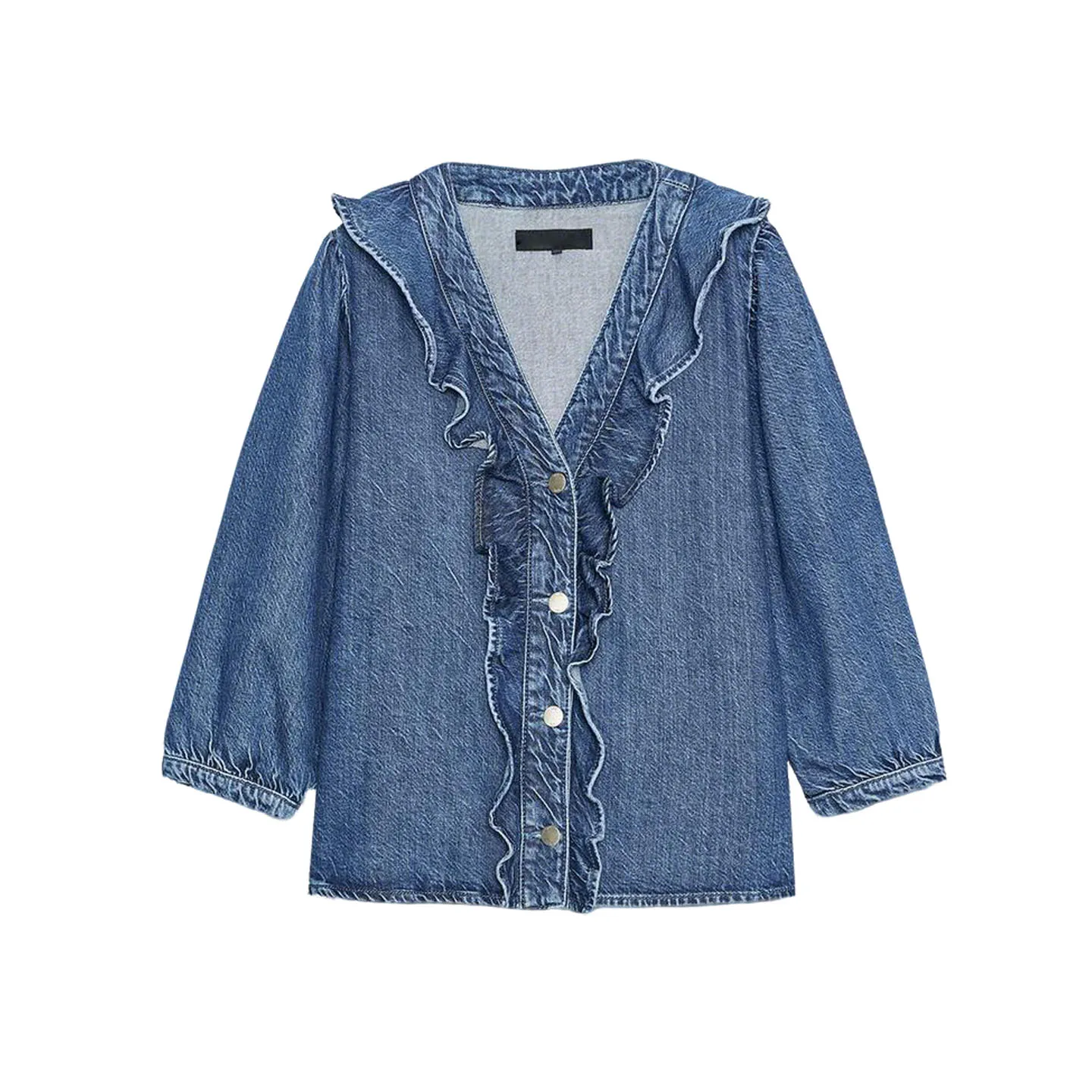 بلوزة ريترو V-Ne طويلة Sve مع حواف كشكش متعددة الطبقات من قماش الدنيم للنساء لخريف 2025 بوليستر فضفاض غير رسمي