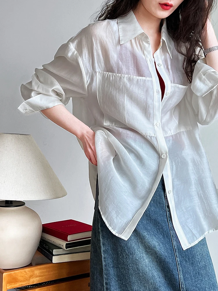 [EAM] Women Brown Thin Pocket Perspective Big Size Blouse New Lapel Long Sleeve Shirt Fashion Tide Spring Summer 2024 1DH5442