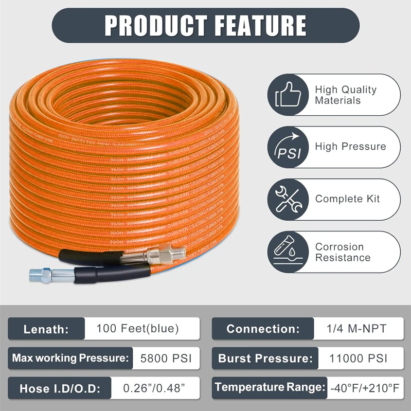 AMJ 1/4 Inch Sewer Hose 5800psi Drain Hose 400bar Sewer Cleaner 50-400ft High Pressure Hose for Plumber