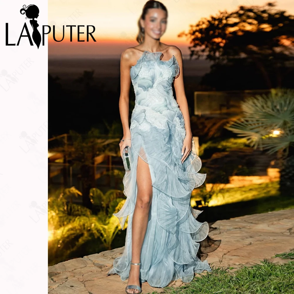 

Синие платья для выпускного вечера с оборками, мятые оборки, волнистое кружево, вечернее платье русалки с разрезом, милое вечернее платье знаменитости для девочек