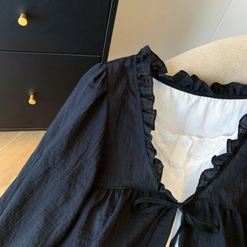 Süße japanische koreanische Modebluse, gefälschtes zweiteiliges Hemd mit Spitzenrüschenkragen und Fliege, lange Ärmel, schmale Passform, niedliche Oberteile 2025,