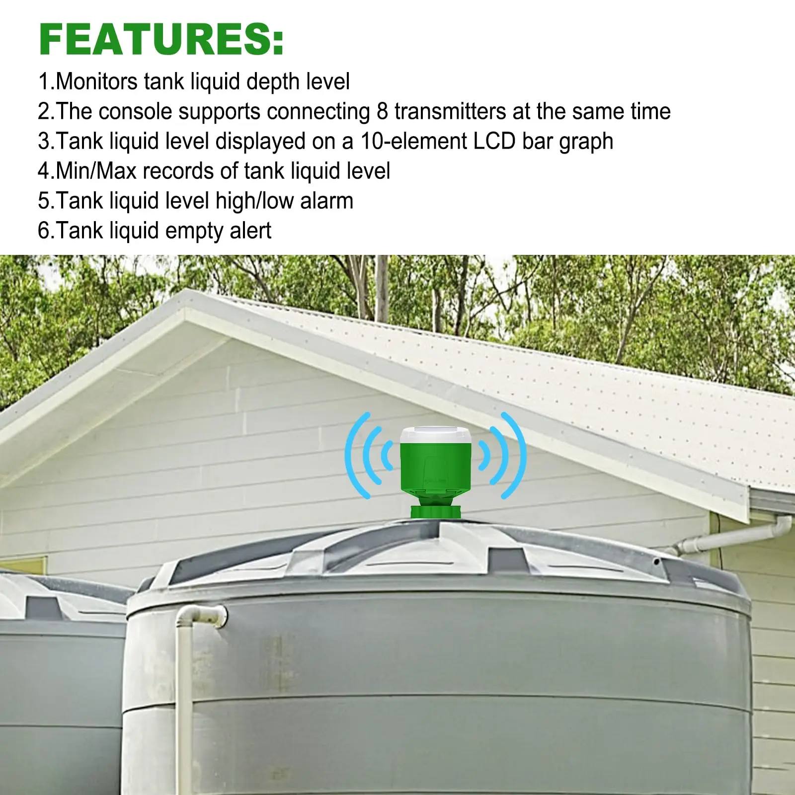 Wireless Ultrasonic Water Level Monitor, 8 Channel Tank Depth Sensor 100m Range,LCD  Display for Depth Temperature Hi/Low Alarm