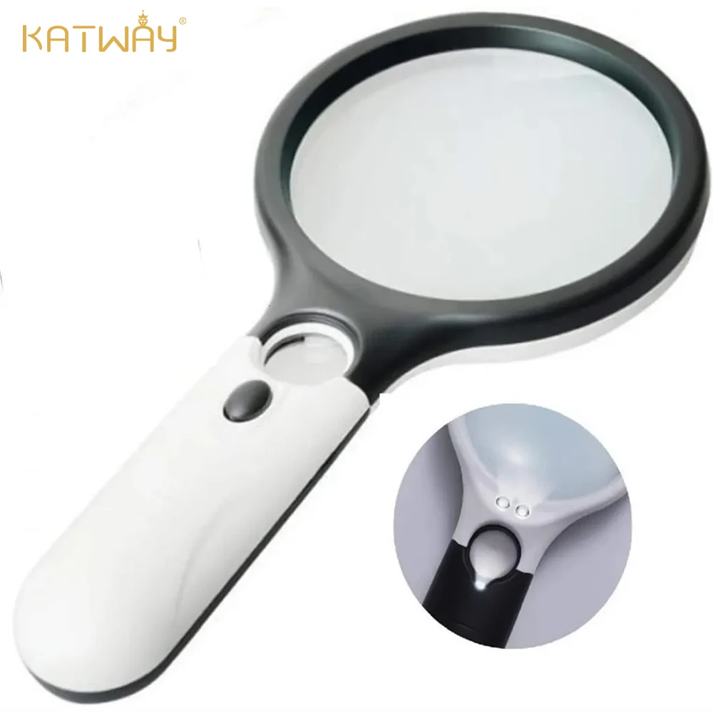 KATWAY 45X White Handheld Magnifying Glass with 3 LED Lights for Reading and Jewelry Loupe HH-AA43