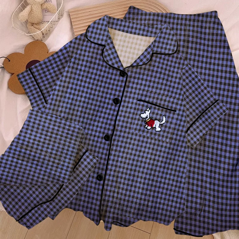 

Винтажный пижамный комплект в клетку с собакой Kawaii для женщин, комплект из 3 предметов, новые милые милые женские пижамы, летняя повседневная новинка 2025 года, крутая одежда для сна