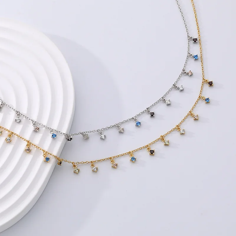 Fashion Light Luxury Geometric Square Tassel Zircon Necklace Clavicle Chain for Women 925 Sterling Silver Jewelry