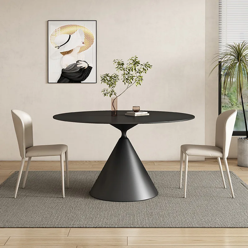 Modern Minimalist Pure Black Round Rock Slab Dining Table High-end Wabi-sabi Style Upper and Lower Built-in Turntable Smal