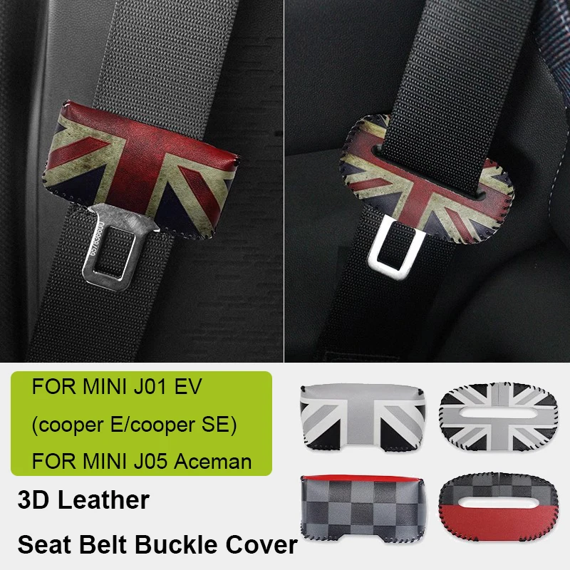 3D Leather Car Front Rear Seat Belt Buckle Clip Protector Cover Accessories For Mini Cooper E SE J01 EV J05 Aceman 2024 2025