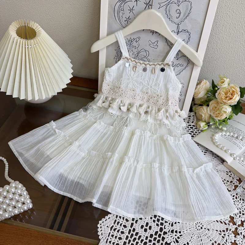 

New Summer Style Girls' Sundress with Stylish Tassel Decoration and 3D Shell Design, Vacation Style Baby Girl Dress