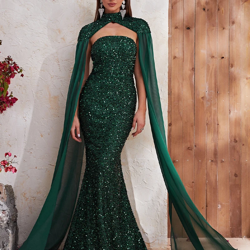 Elegant Women Detachable Shawl Strapless Evening Prom Dresses Sequins Sleeveless Birthday Wedding Party Dress vestidos de fiesta