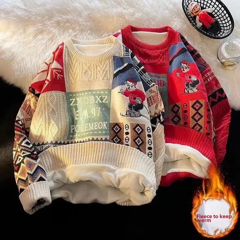 خمر النمط الأمريكي جولة الرقبة فضفاضة تناسب سترة عارضة عيد الميلاد الزخرفية سترة اليابانية العصرية الخريف/الشتاء لباس خارجي