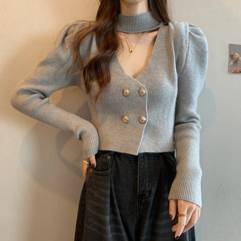 Cropped Cardigan Women Formal V-neck Puff Sleeve Temperament Halter Autumn Winter Popular Chic French Style Elegant Advanced