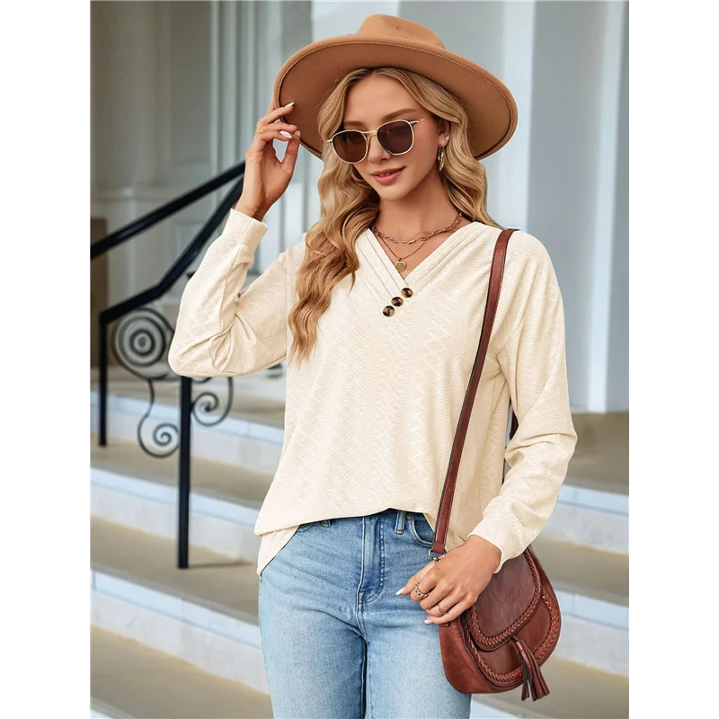 

NEW-Women V Neck Long Sleeve Blouses Casual Pullover Tops Dressy Loose Fit Tunic Blouses Fall Shirt Top