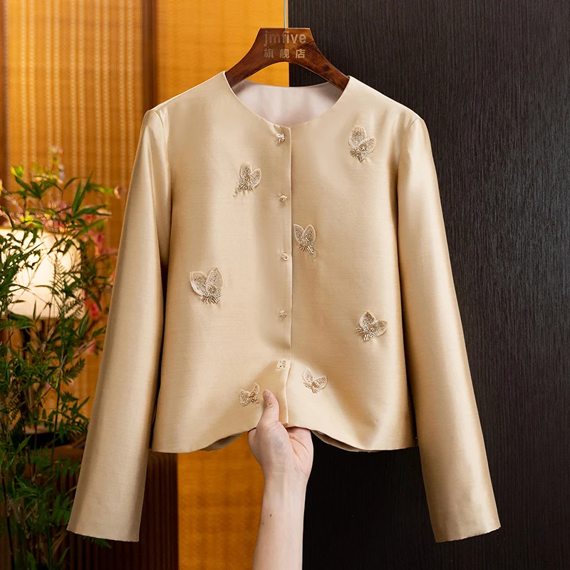 New Chinese-Style Silk Wool Butterfly Beaded Fashion Jacket for Women 2026 Autumn New Arrival Mulberry Silk Cardigan Top for Women