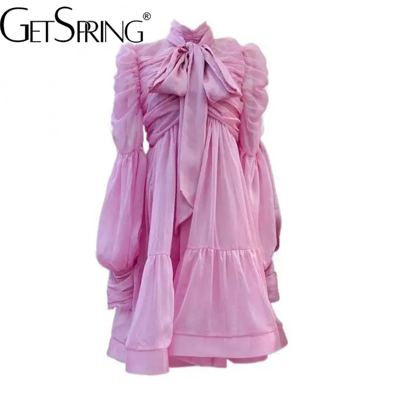 Getspring Abito da donna Manica a lanterna Bende con fiocco Rosa Albicocca Abiti vintage Maniche lunghe Dolcevita Abiti lunghi sexy 2024