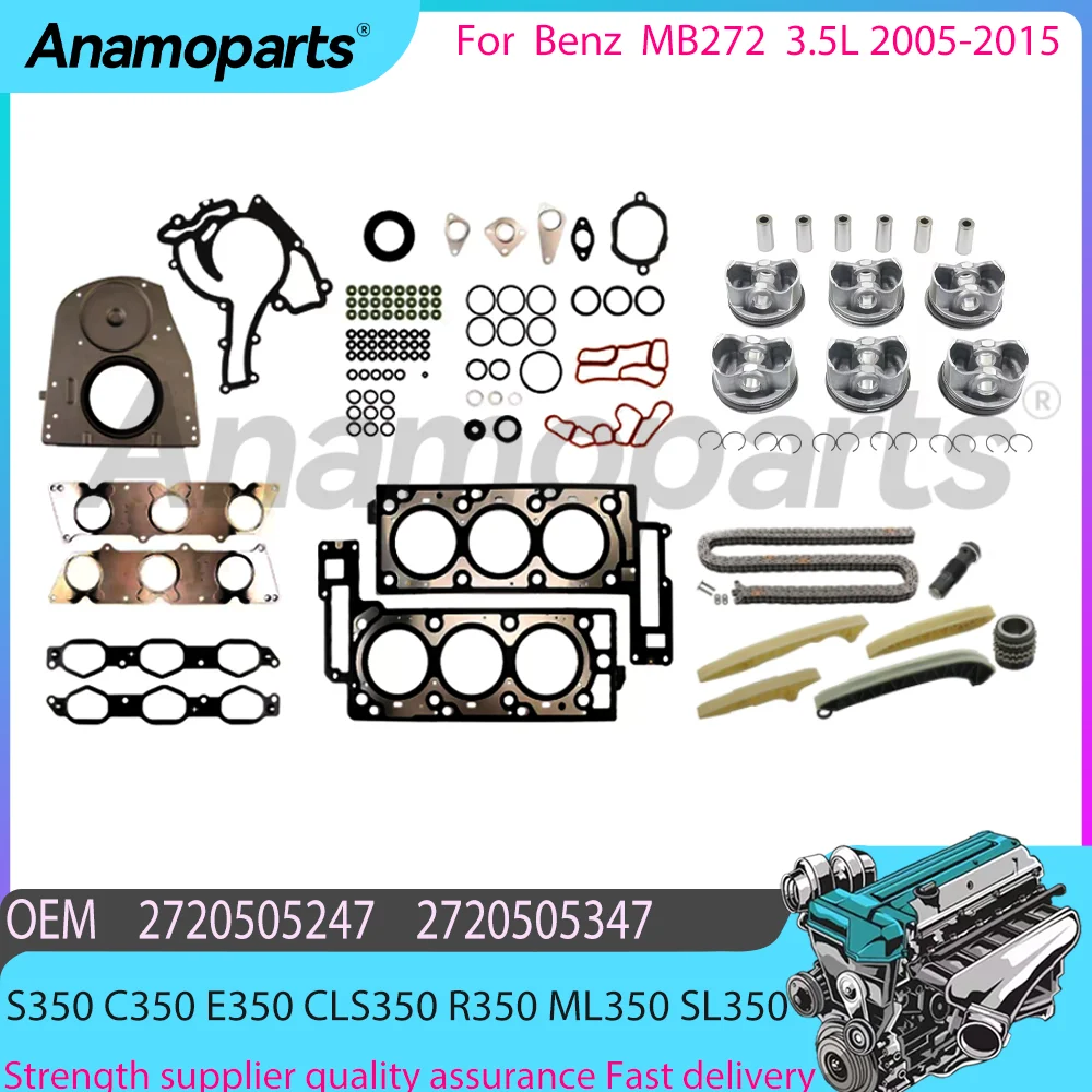 For Engine MB272 3.5 05-15 Benz SLK CLK E R ML 350 3.5L Head Gasket/Timing chain/Piston/Ring Repair package kit 02-37105-01