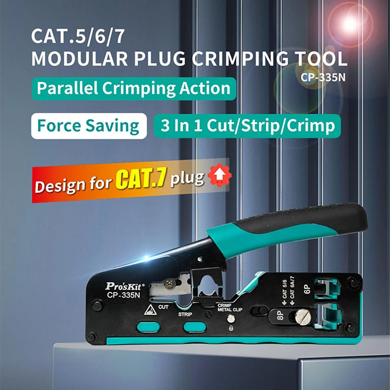 

Pro'sKit CAT.5/6/7 Modular Plug Crimping Tool Cutting Stripping and Crimping Network Cable Pliers Electrician's Hand Tools