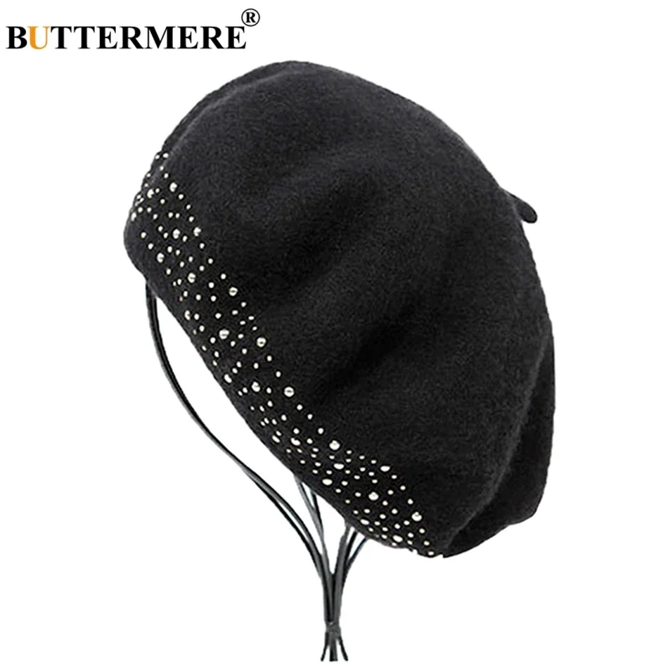 BUTTERMERE Wool Beret Cap Women Black Rivet Artistic Hats Ladies French Beanies Elegant Soft Female Autumn Winter Painters Caps